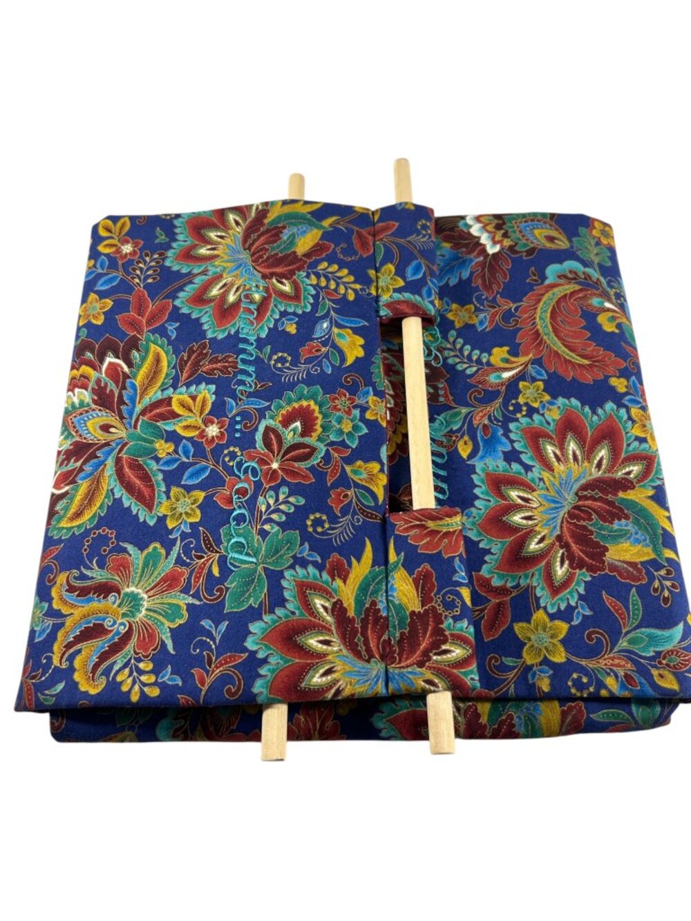 Colorful Floral Casserole Carrier Blue Burgundy Fabric Wooden Handles Homemade